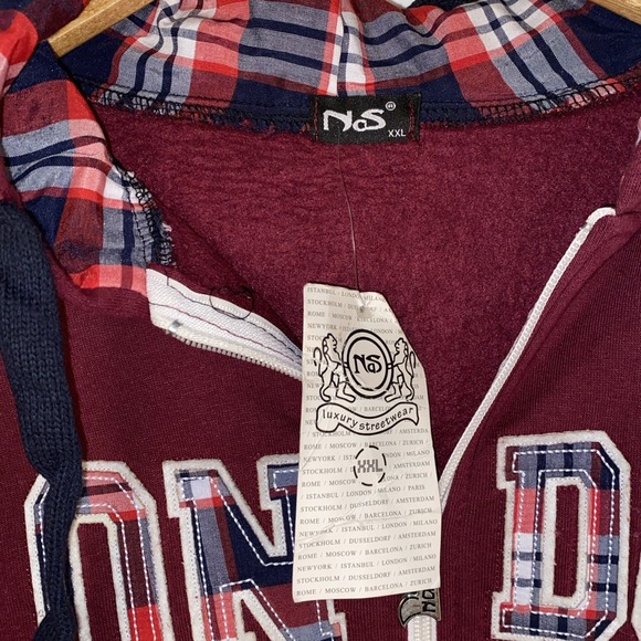 NOS Hoodie Womens XXL Burgundy Cotton Blend London England Plaid Lined Zip Up - Picture 6 of 9